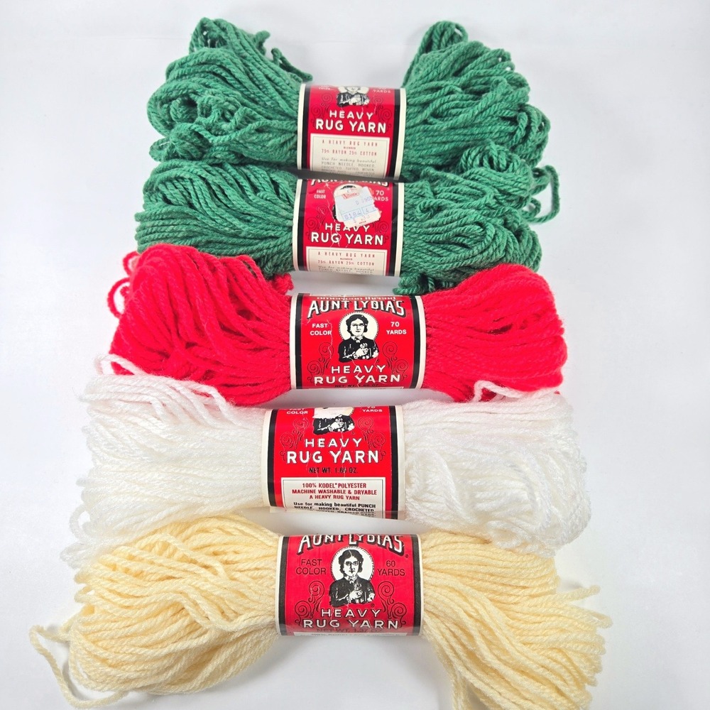 Vintage Aunt Lydia's Heavy Rug Yarn Lot 5 Skeins Red Green White Natural